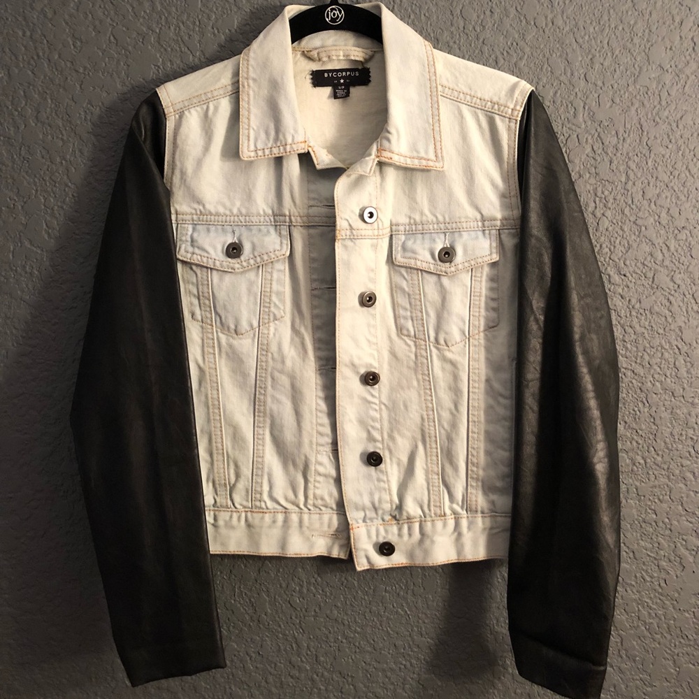 Bycorpus Denim Jacket with Faux Leather Sleeves